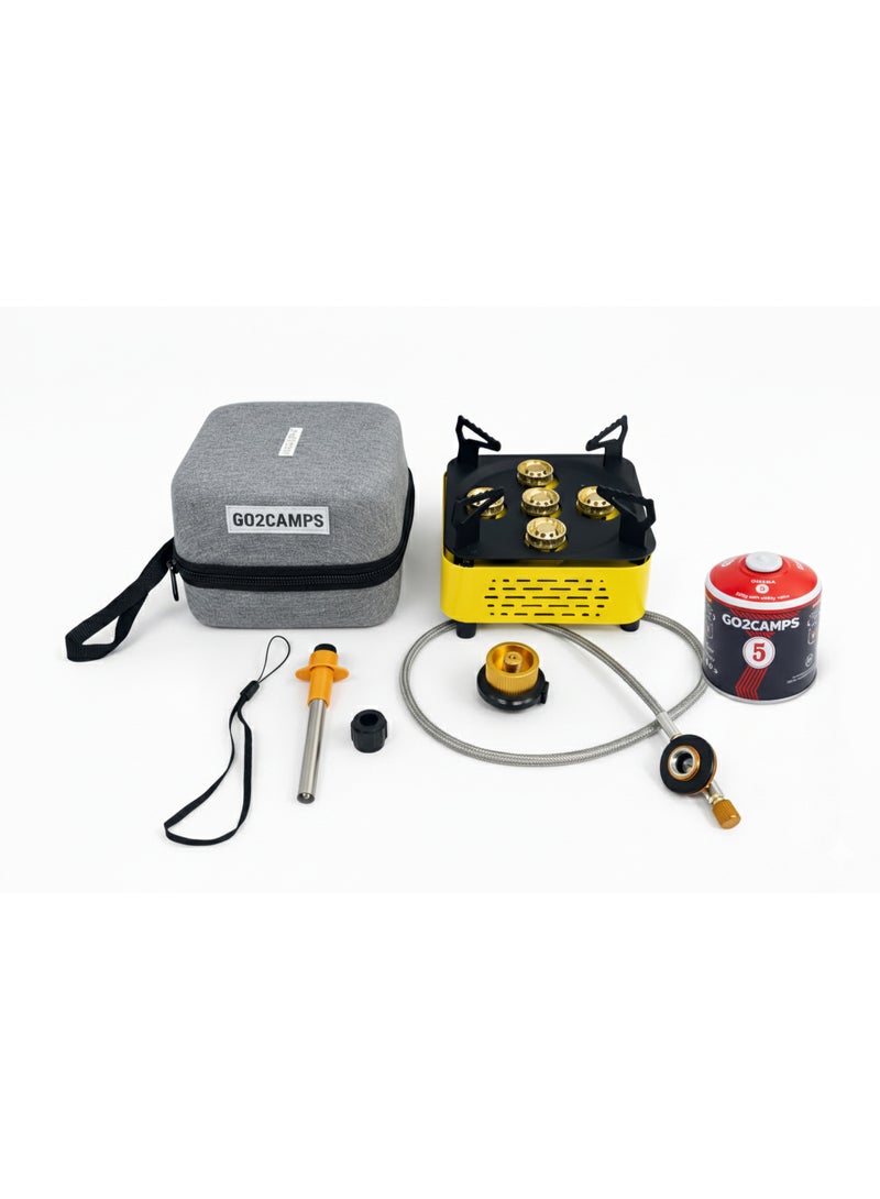 GO2CAMPS High-Output 5-Burner Portable Camping Stove Combo Pack – Includes 450g Screw-Type Butane/Propane Gas Canister, Gas Adapter Connector, and Igniter – Heavy-Duty Windproof Outdoor Cooking Kit with Premium Carry Case - Image 1
